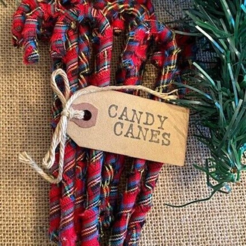 12 Primitive 6" TARTAN PLAID fabric Candy Canes Christmas Farmhouse Ornaments